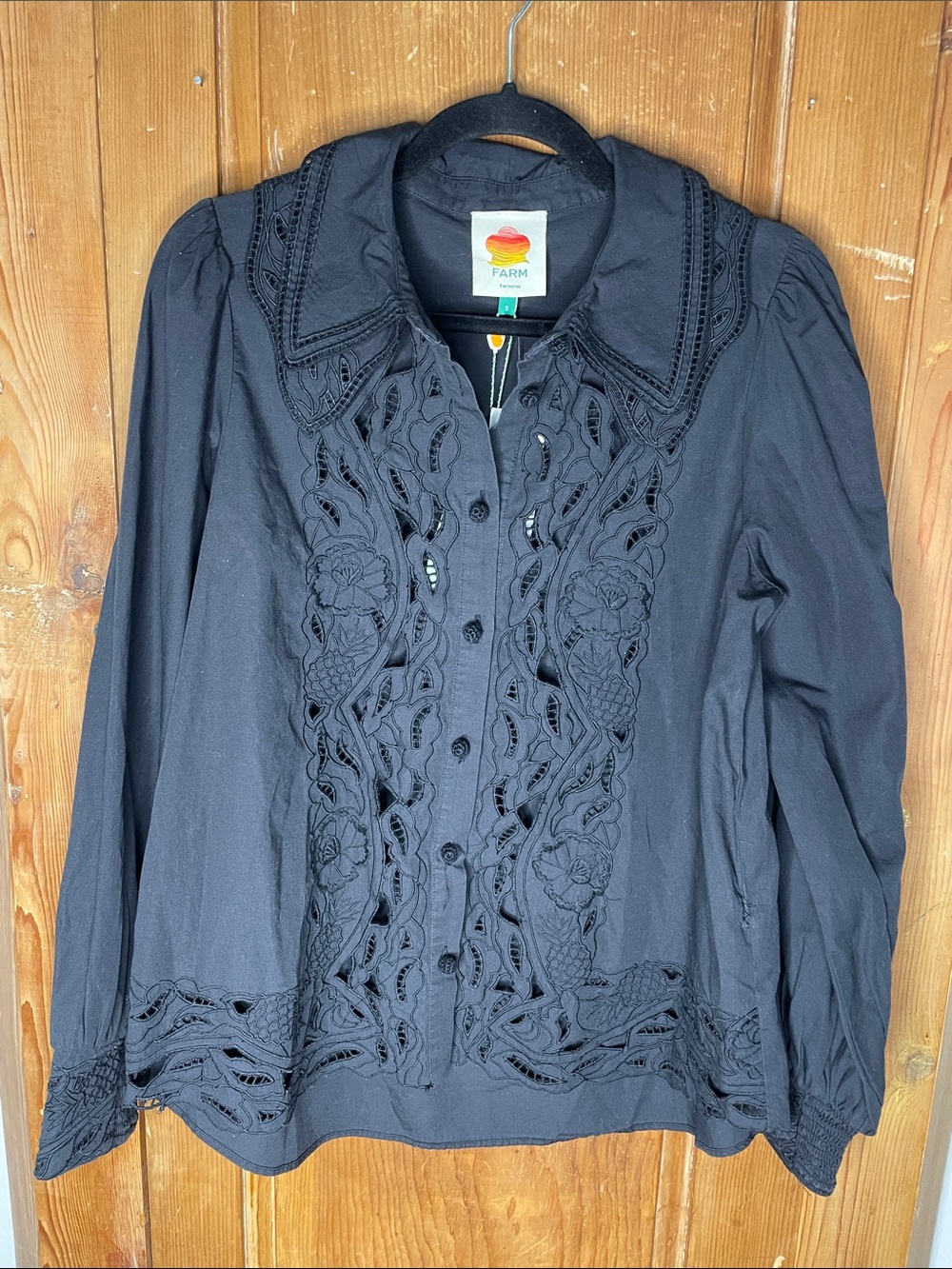 Farm Rio black Eyelet Cut-Out eyelet puff sleeve blouse NWT